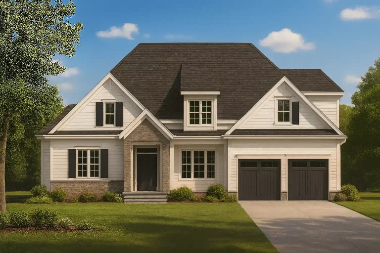 Front exterior view of a New American Cape Cod style house featuring horizontal siding, stone accents, gabled rooflines, and an attached two-car garage
