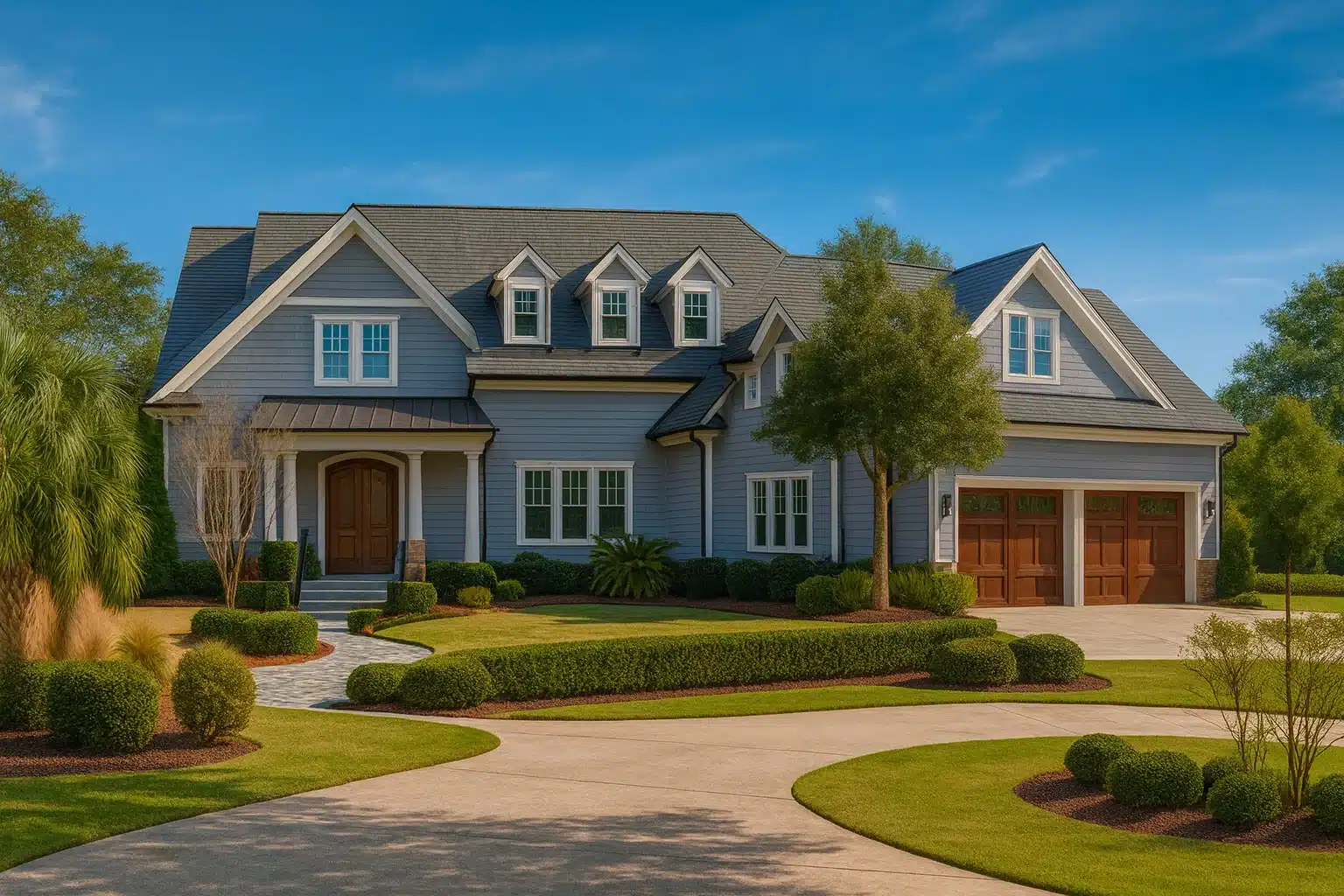 Front view of a Shingle Style coastal home featuring horizontal siding, shingle accents, gabled dormers, and a welcoming covered entry