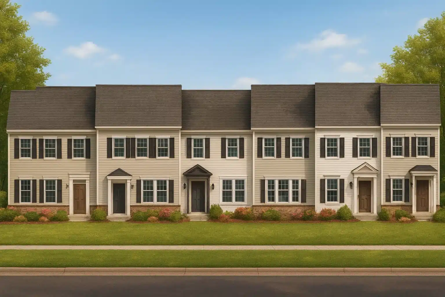 Traditional 7-Unit Townhome Floor Plan with Colonial Revival Design