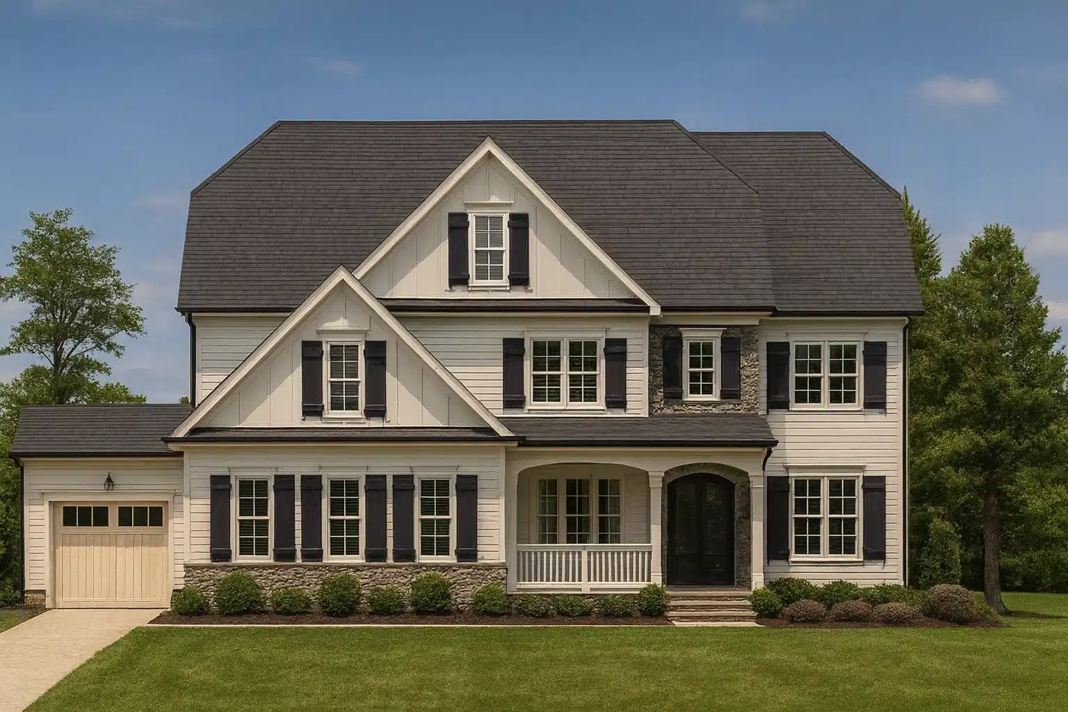 Front elevation of a New American modern traditional house with lap siding, board and batten gables, stone accents, and a covered front porch