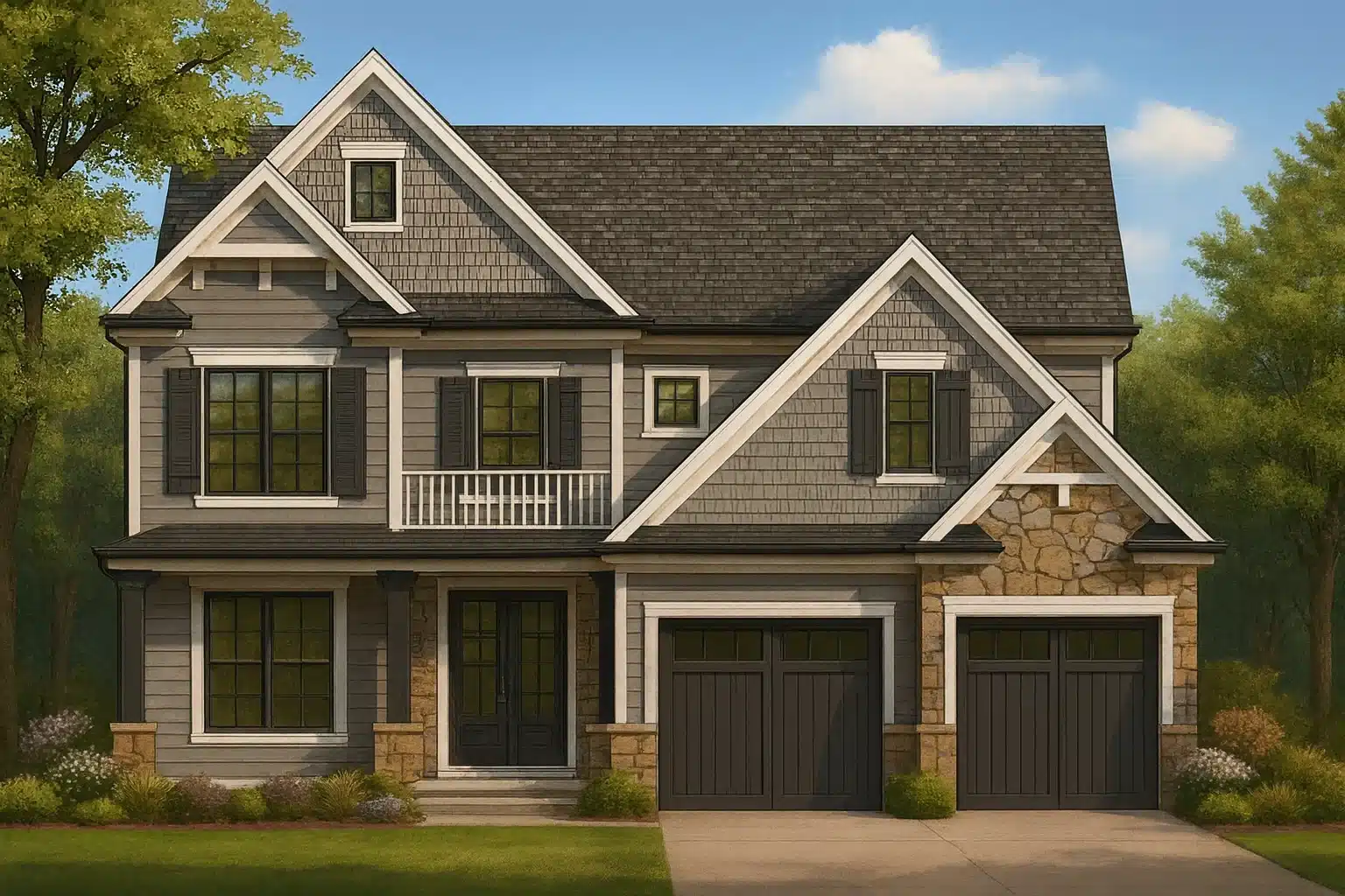 Front elevation of a New American Craftsman style house with board and batten siding, stone accents, and double garage