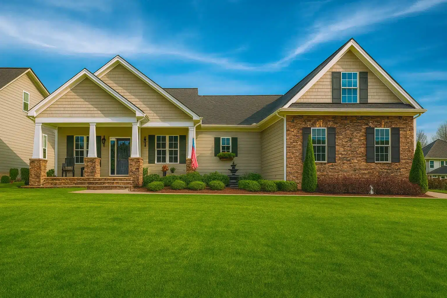 Front elevation of a Traditional Ranch style home featuring brick accents, horizontal siding, board-and-batten details, and a covered front porch