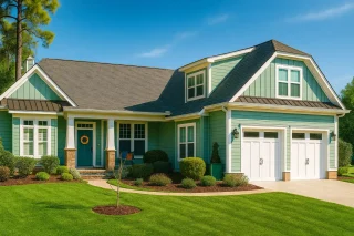 2 Bedroom House Plans 9 Front view of Craftsman Traditional style home featuring green horizontal lap siding, white trim, brick pier bases, and a welcoming covered porch with gabled dormer.