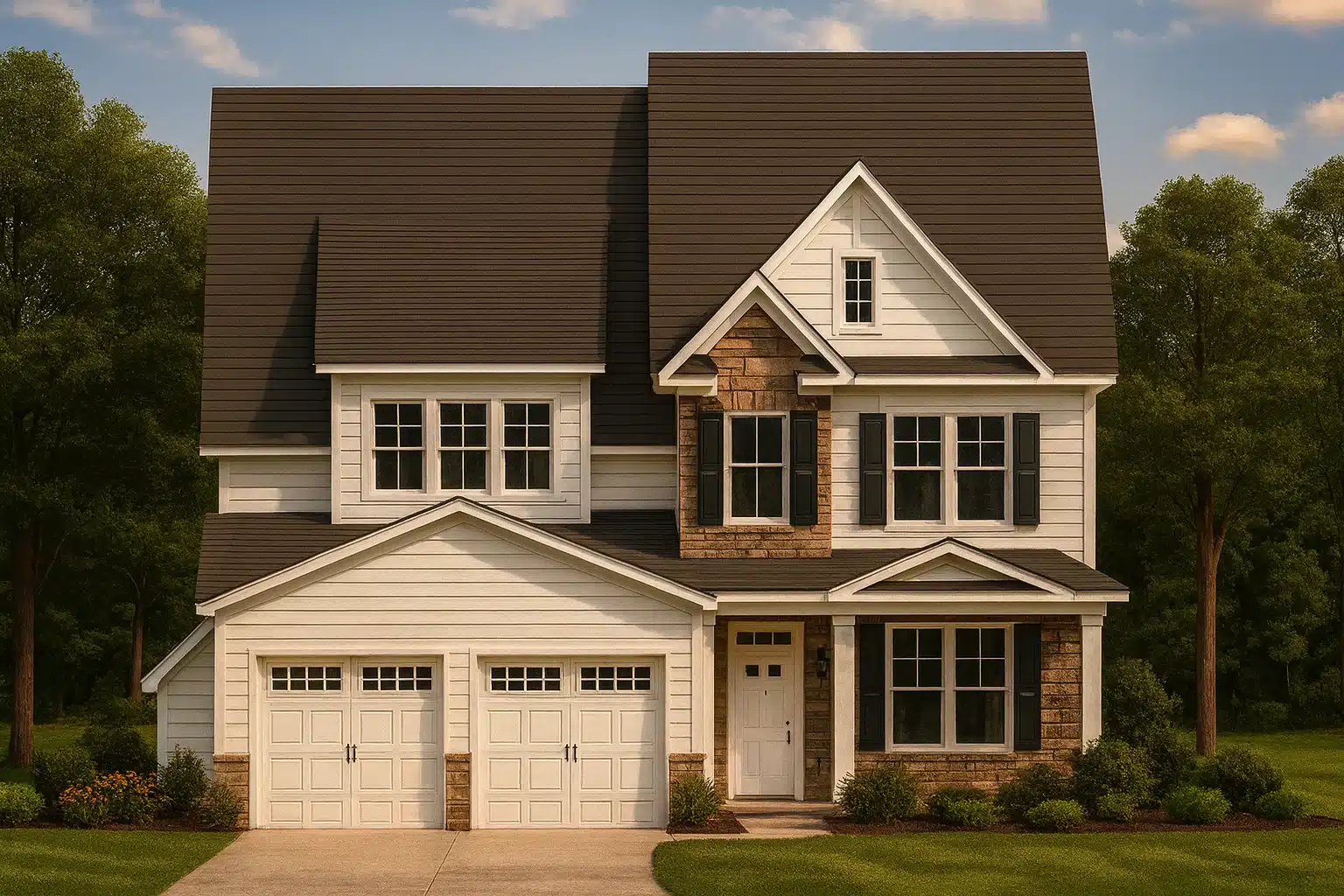 Front elevation of a New American Craftsman style home featuring stone accents, horizontal siding, steep gabled rooflines, and a double garage