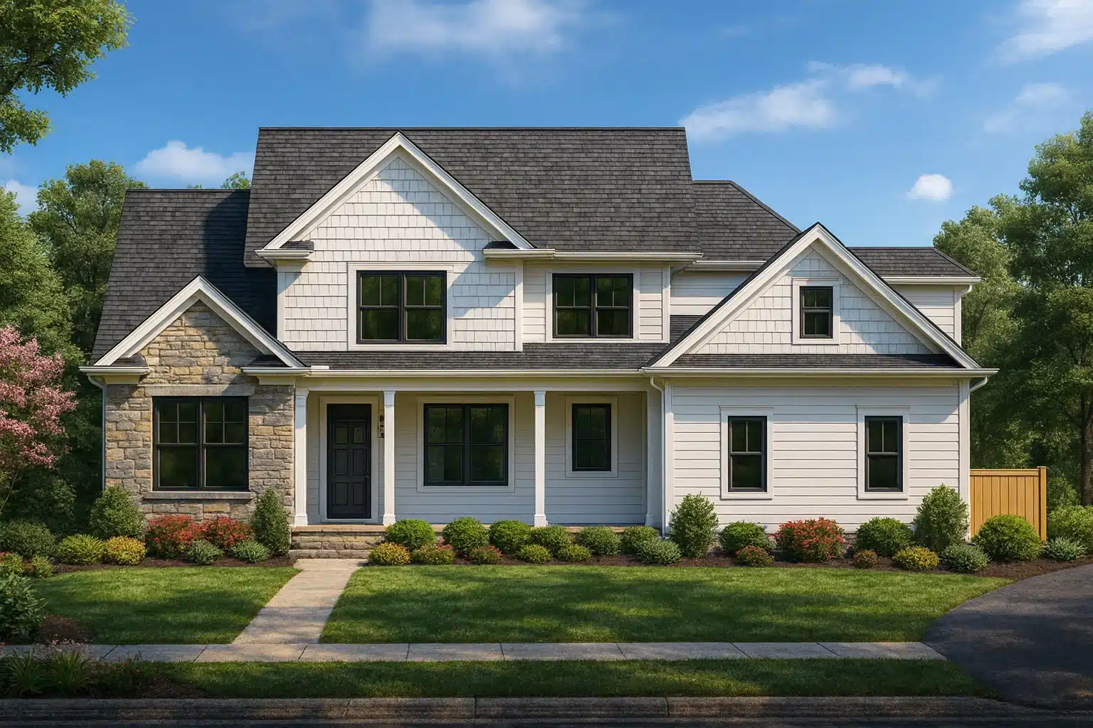 Front elevation of a New American coastal traditional house featuring shingle siding, horizontal lap siding, stone accents, and a welcoming covered porch