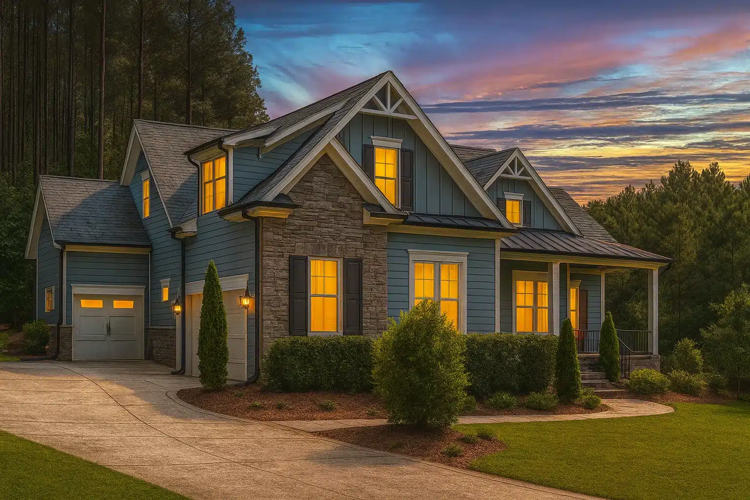 Front exterior view of a New American modern traditional house featuring stone accents, horizontal siding, board-and-batten details, and a welcoming covered porch