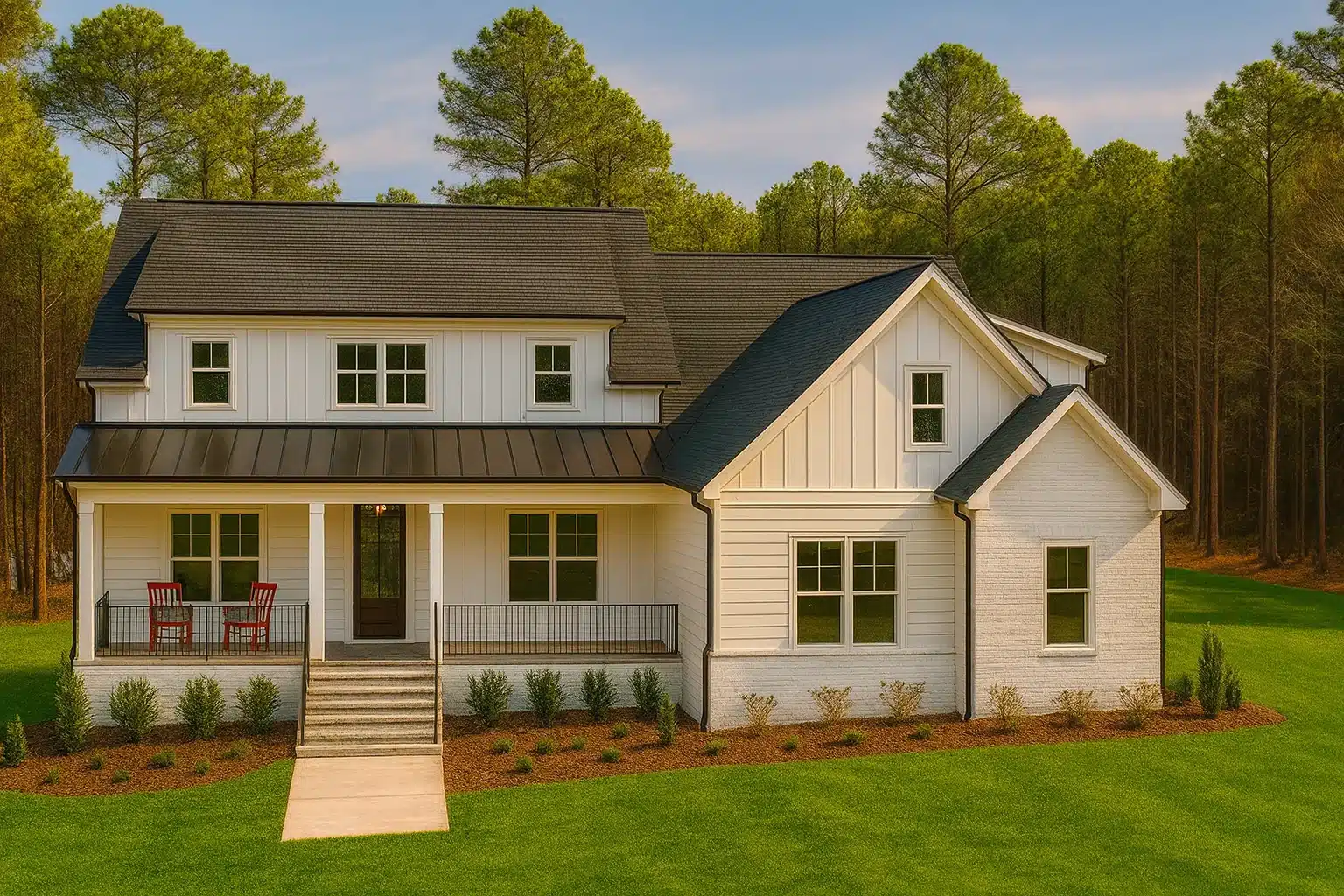 Front elevation of a modern farmhouse style home featuring white board and batten siding, brick accents, metal porch roof, and a welcoming covered front porch