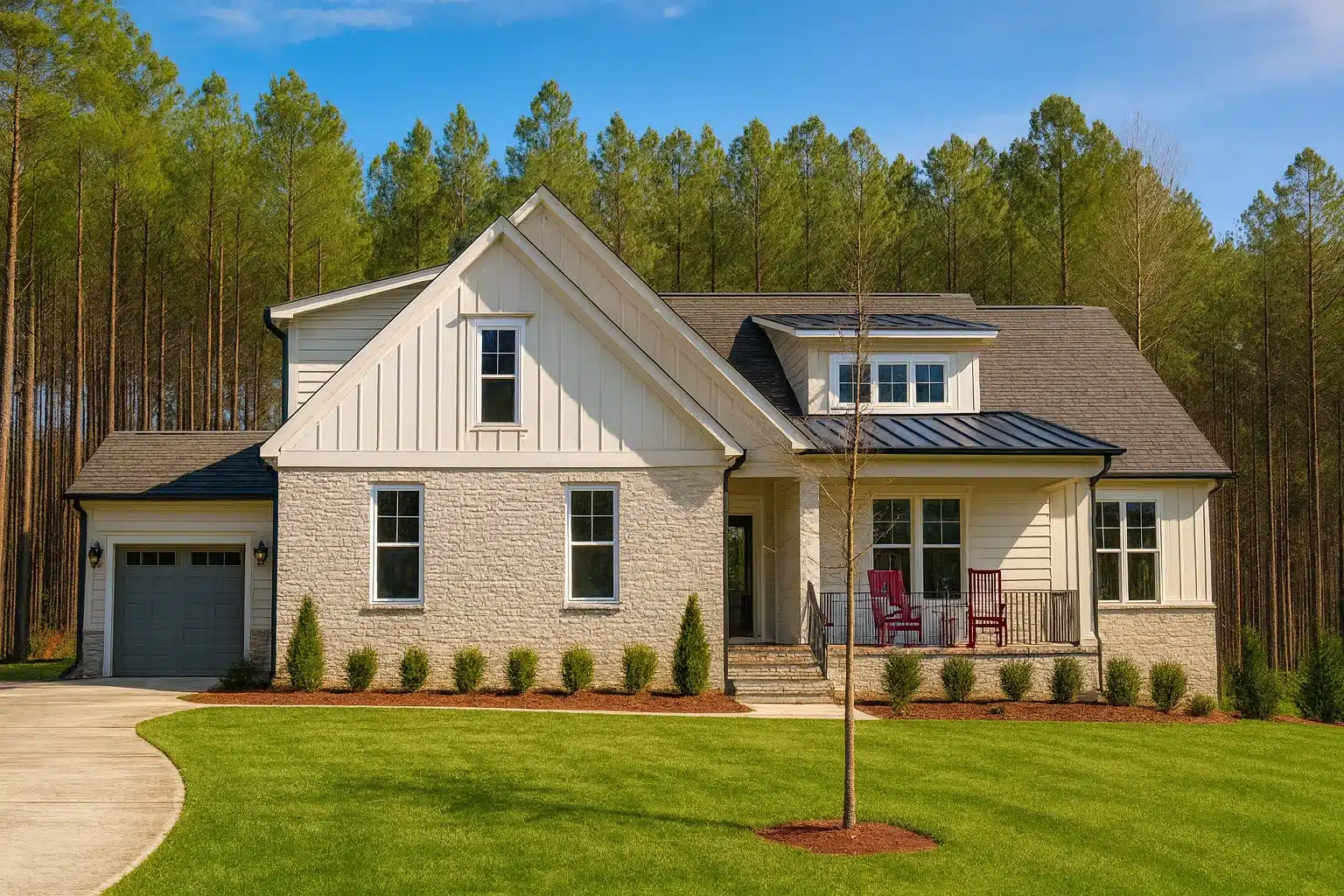Front elevation of a modern farmhouse style home featuring board and batten siding, stone exterior accents, metal roof details, and a covered porch