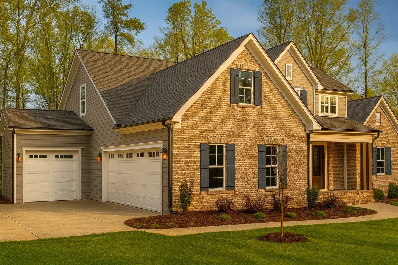 Front elevation of a New American modern traditional two-story home with brick exterior, lap siding accents, gabled rooflines, covered entry porch, and double garage