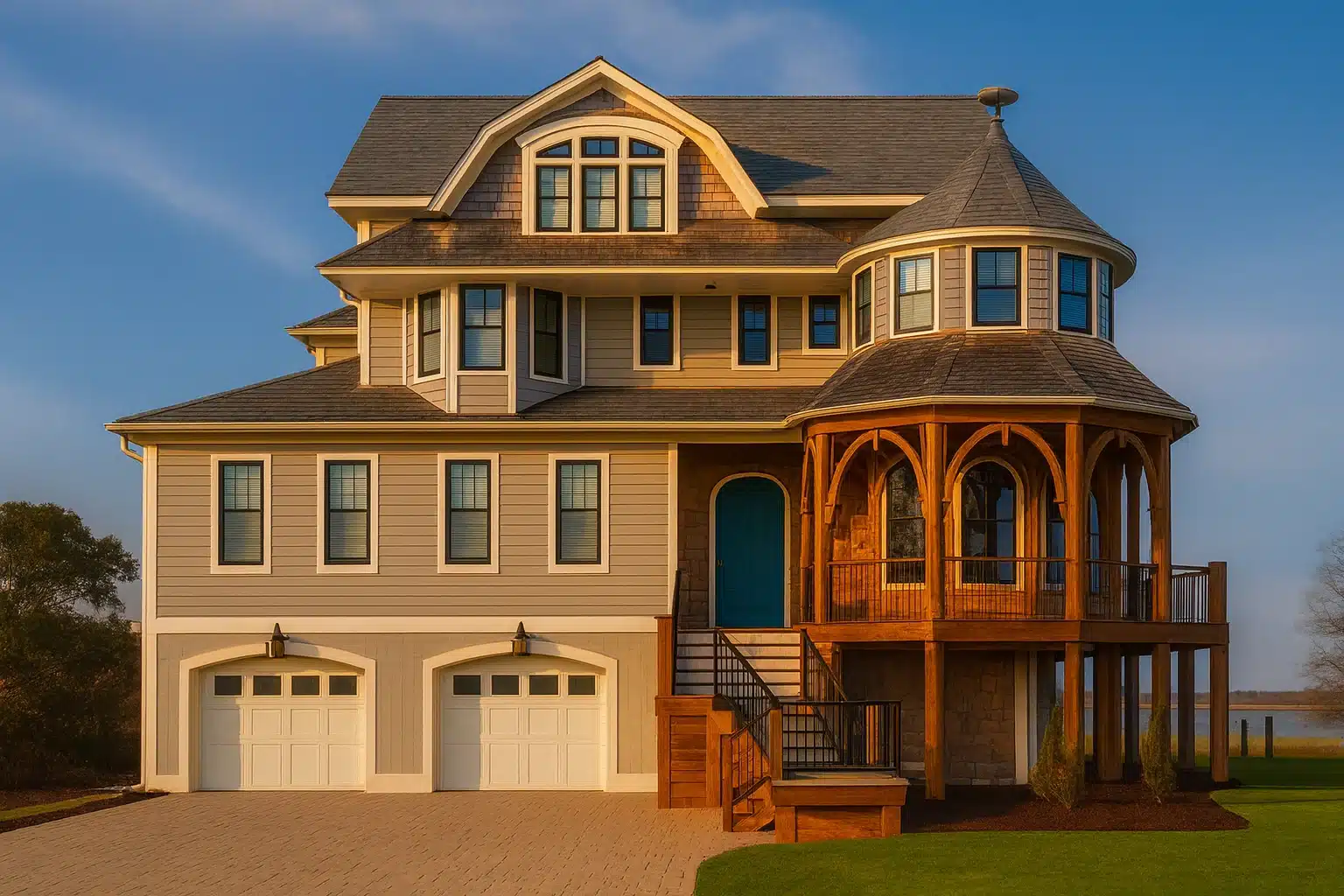Front elevation of a Shingle Style coastal house with cedar shingle siding, elevated garage, wraparound porch, turret detail, and classic seaside architecture