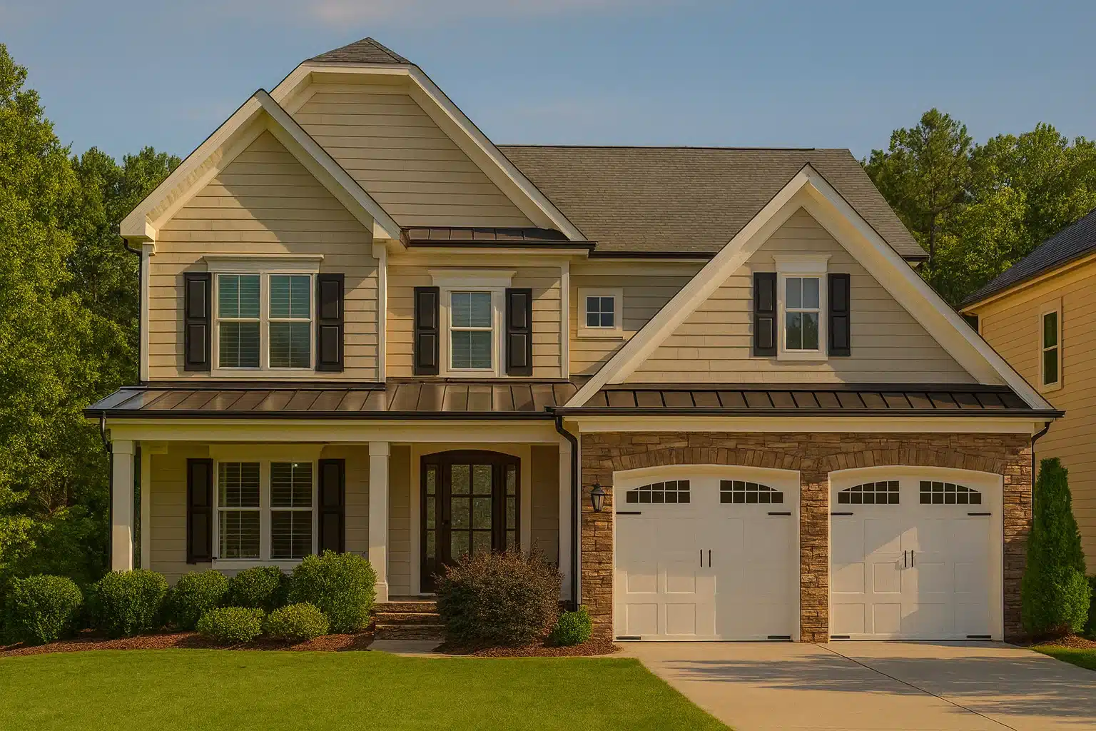 Front exterior view of a New American modern traditional home featuring horizontal siding, stone-accented garage, covered porch, and classic suburban curb appeal