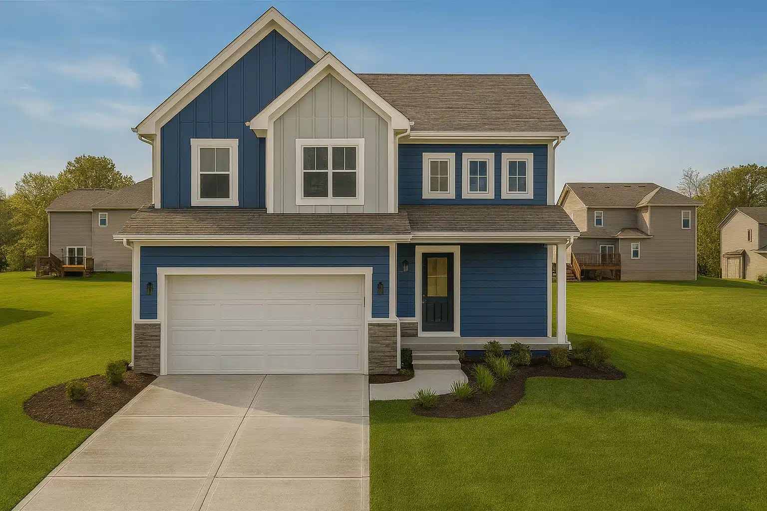 Front elevation of a New American farmhouse style home with blue horizontal siding, board and batten accents, stone base, and attached two car garage