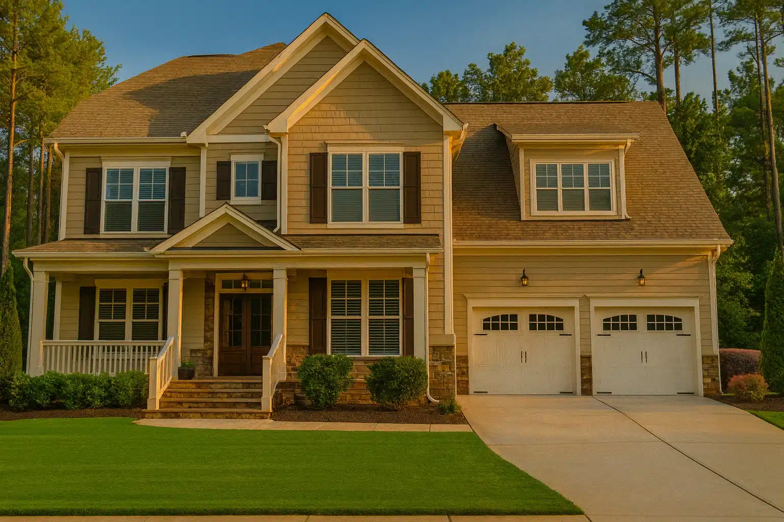 Front elevation of New American modern traditional home with shingle accents, horizontal siding, covered porch, and attached two-car garage