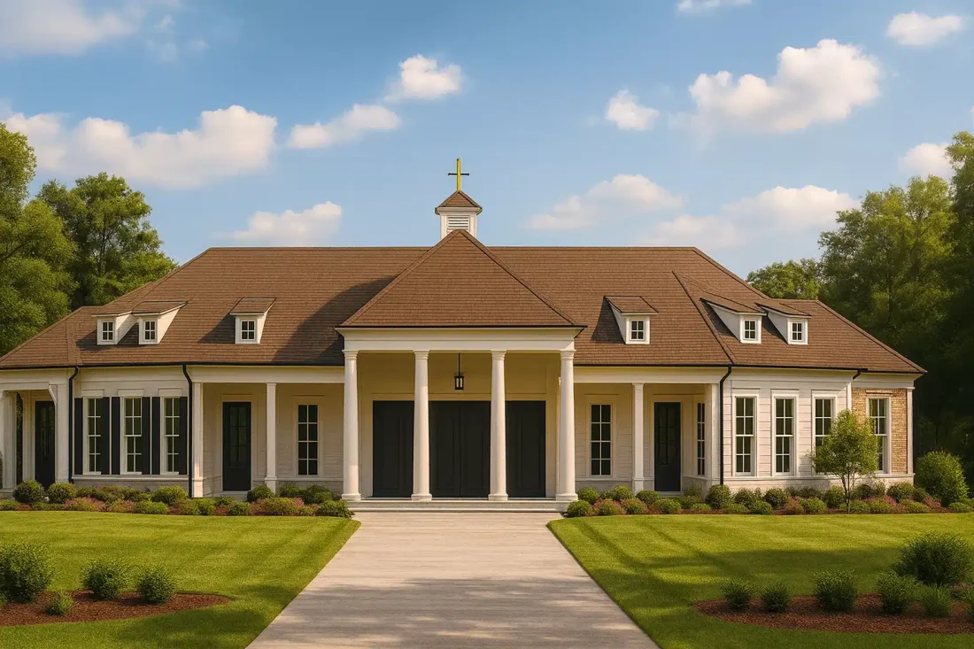 Front elevation of a Classical Southern home with Colonial symmetry, tall columns, and horizontal siding exterior