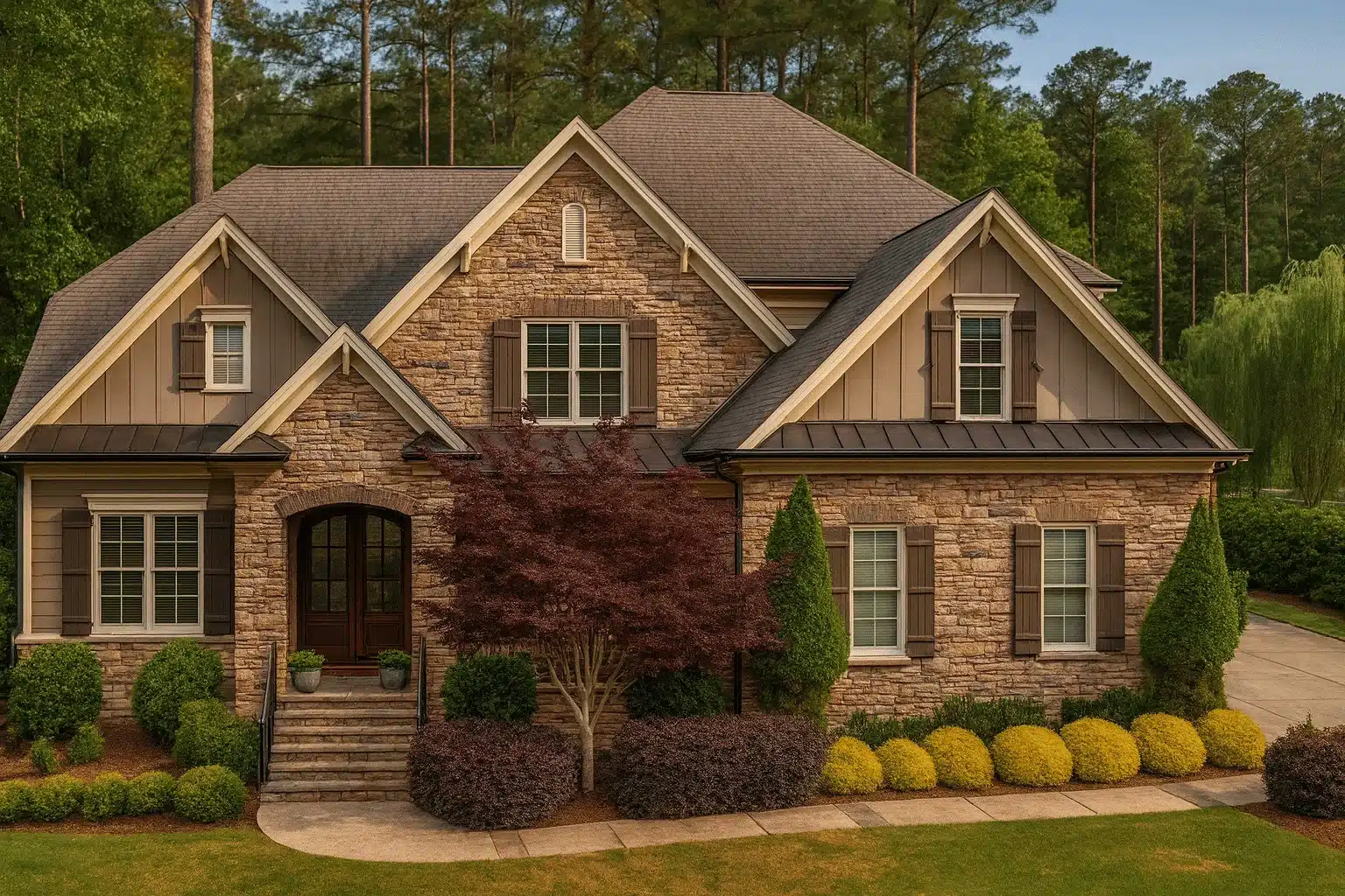 Front elevation of a French Country and Transitional European style home featuring stone walls, board-and-batten accents, metal roof details, and manicured landscaping
