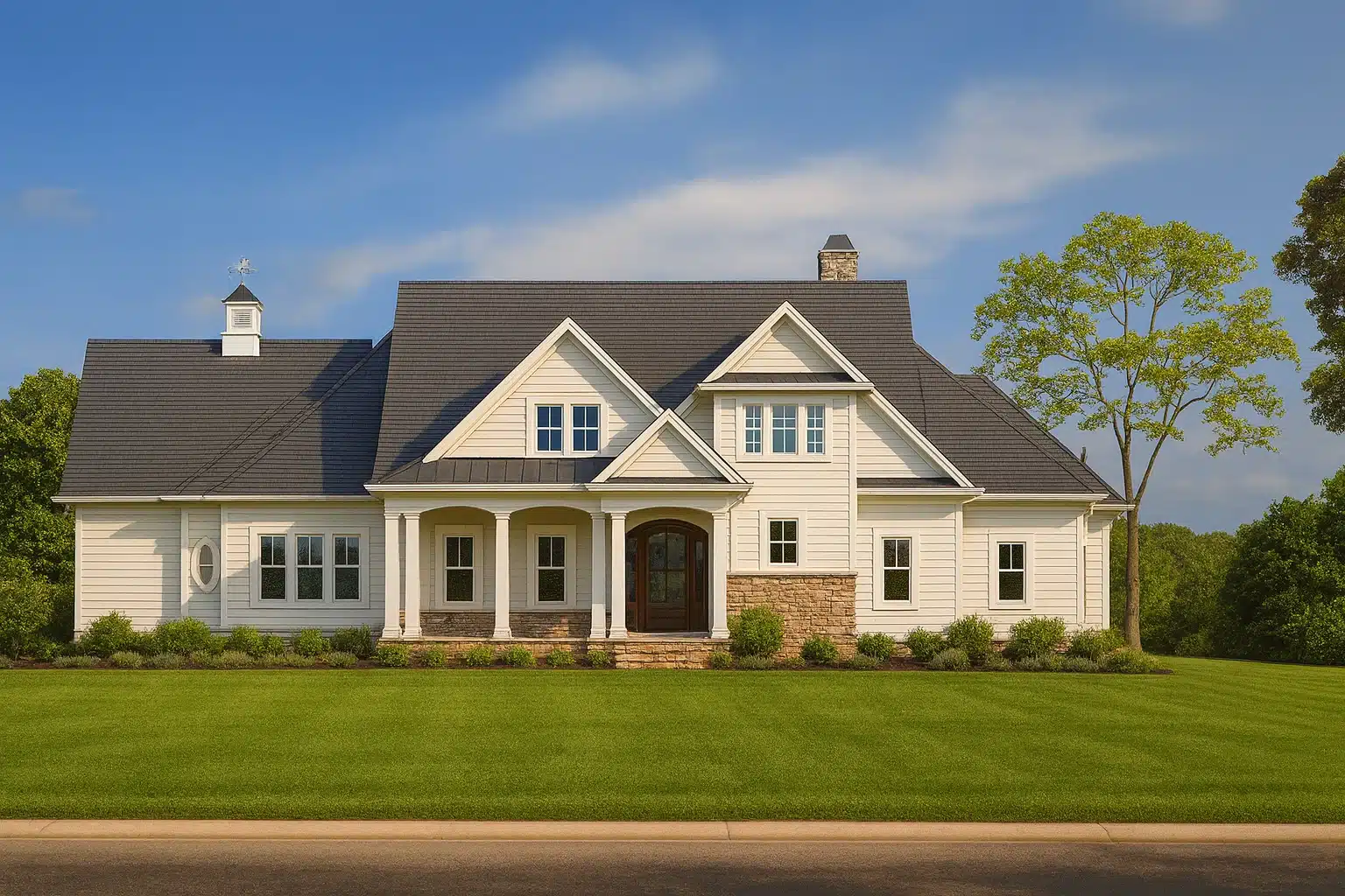 Front elevation of Modern Farmhouse style home with board and batten siding, brick accents, gabled rooflines, and covered porch