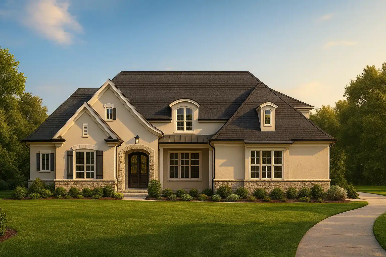 Front exterior of a New American style home with painted brick, horizontal siding, arched entry, and manicured lawn