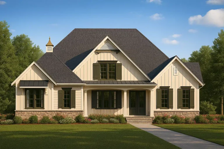 Front elevation of a Modern Farmhouse style home featuring board and batten siding, symmetrical gables, black windows, and a welcoming covered front porch
