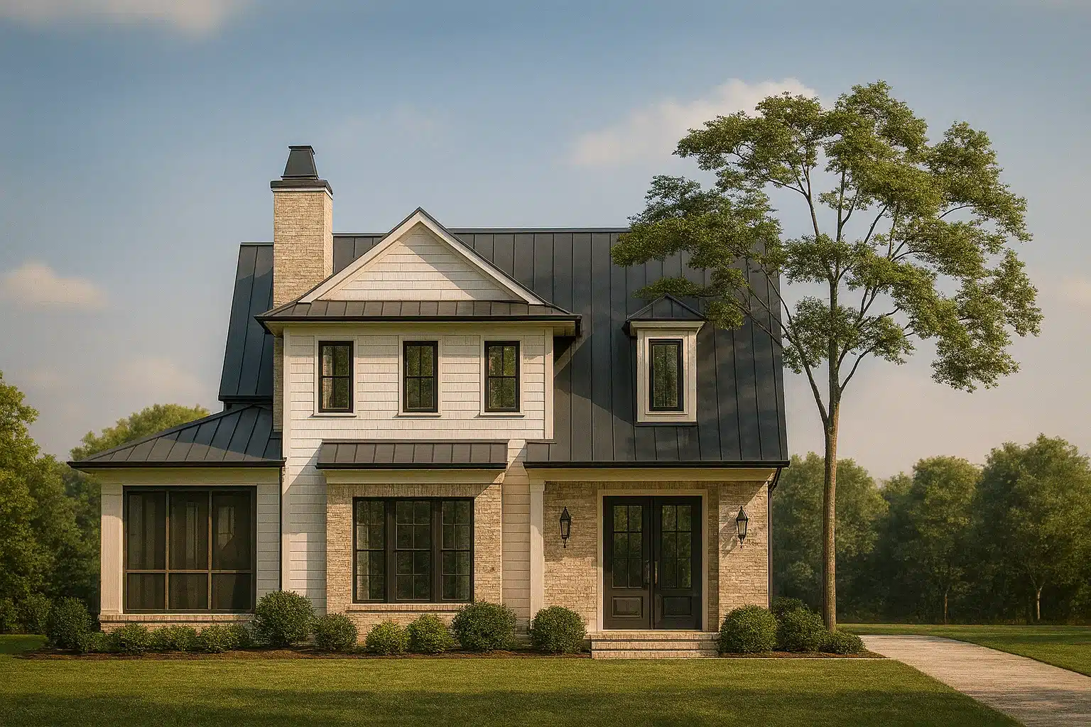 Front elevation of a New American Modern Traditional house featuring brick exterior, symmetrical windows, covered entry, and metal roof accents
