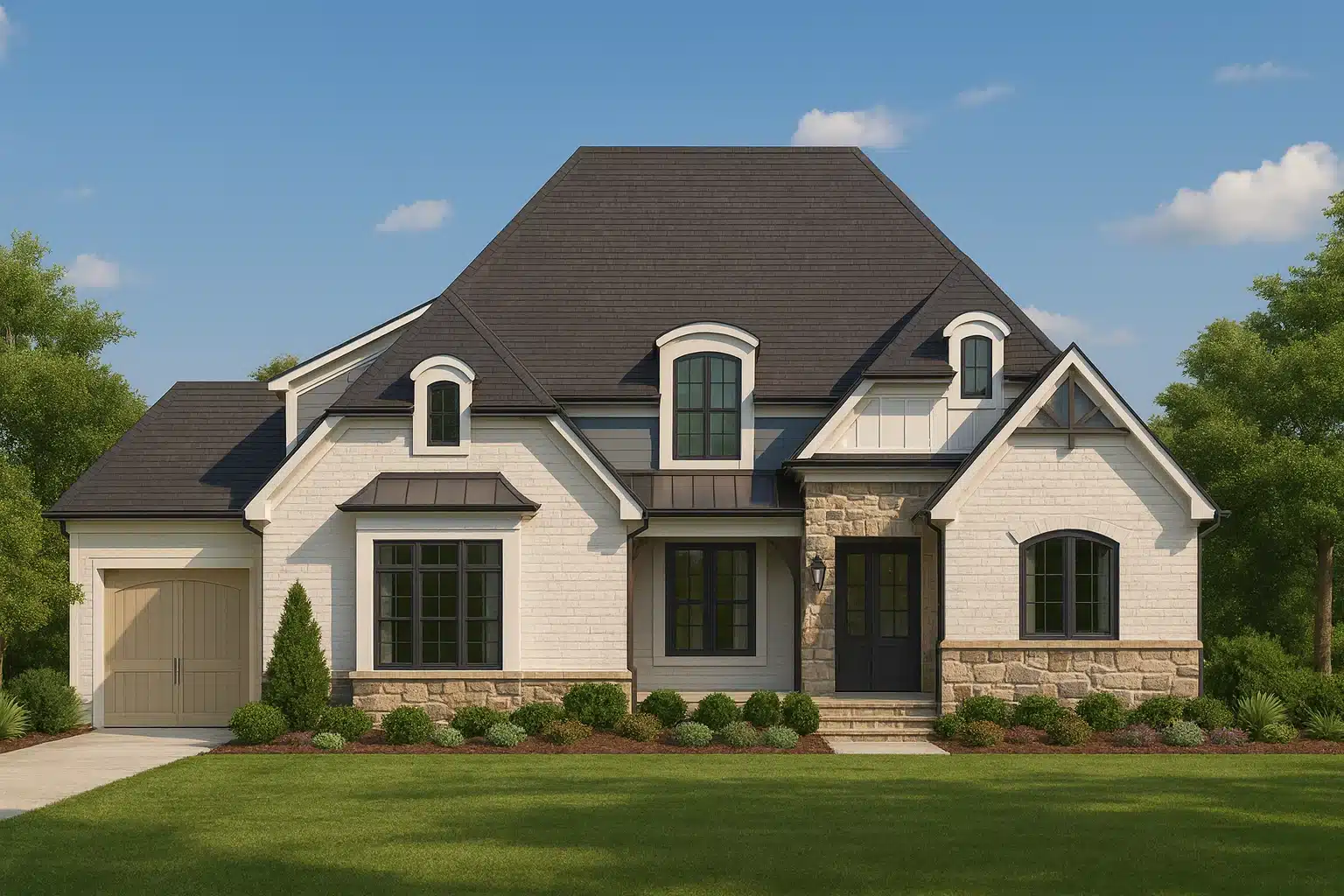 Front exterior view of a New American modern traditional house featuring stone accents, board-and-batten siding, dark rooflines, and symmetrical curb appeal