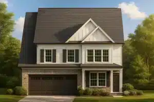 Front elevation of a Modern Farmhouse style home featuring board and batten siding, horizontal siding, brick accents, and a welcoming covered porch