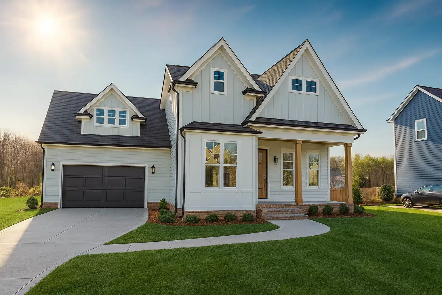 Front elevation of a Modern Farmhouse style home with board and batten siding, gabled rooflines, covered front porch, and attached garage