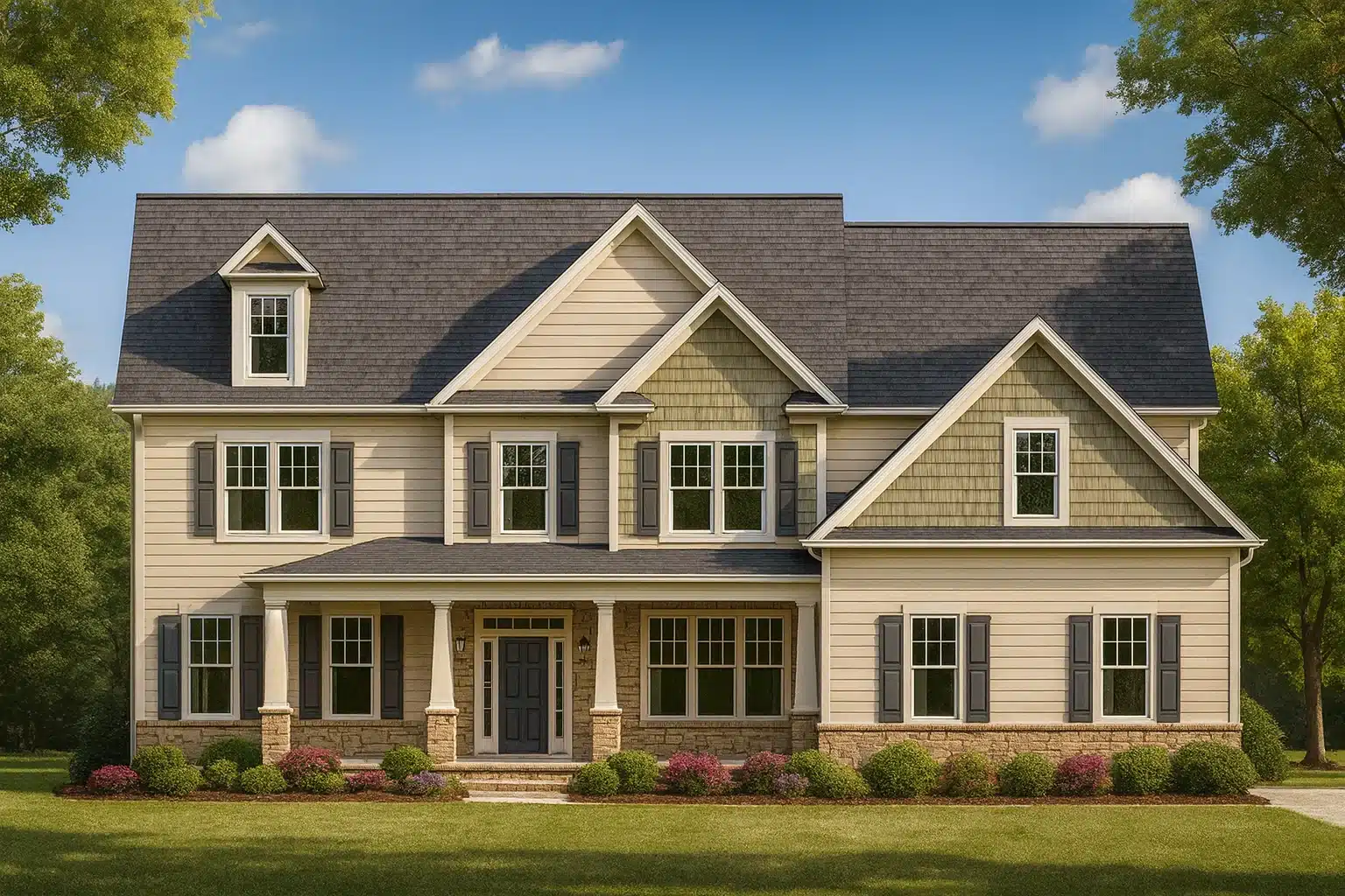 4 Bedroom House Plans 3 Front elevation of a Traditional Colonial and New American style home featuring horizontal siding, shake shingle accents, and a brick/stone base