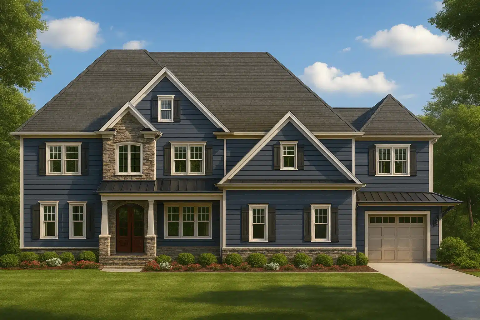 Front elevation of a Traditional Colonial and New American style home featuring blue lap siding, stone entry accents, symmetrical windows, and a welcoming covered porch