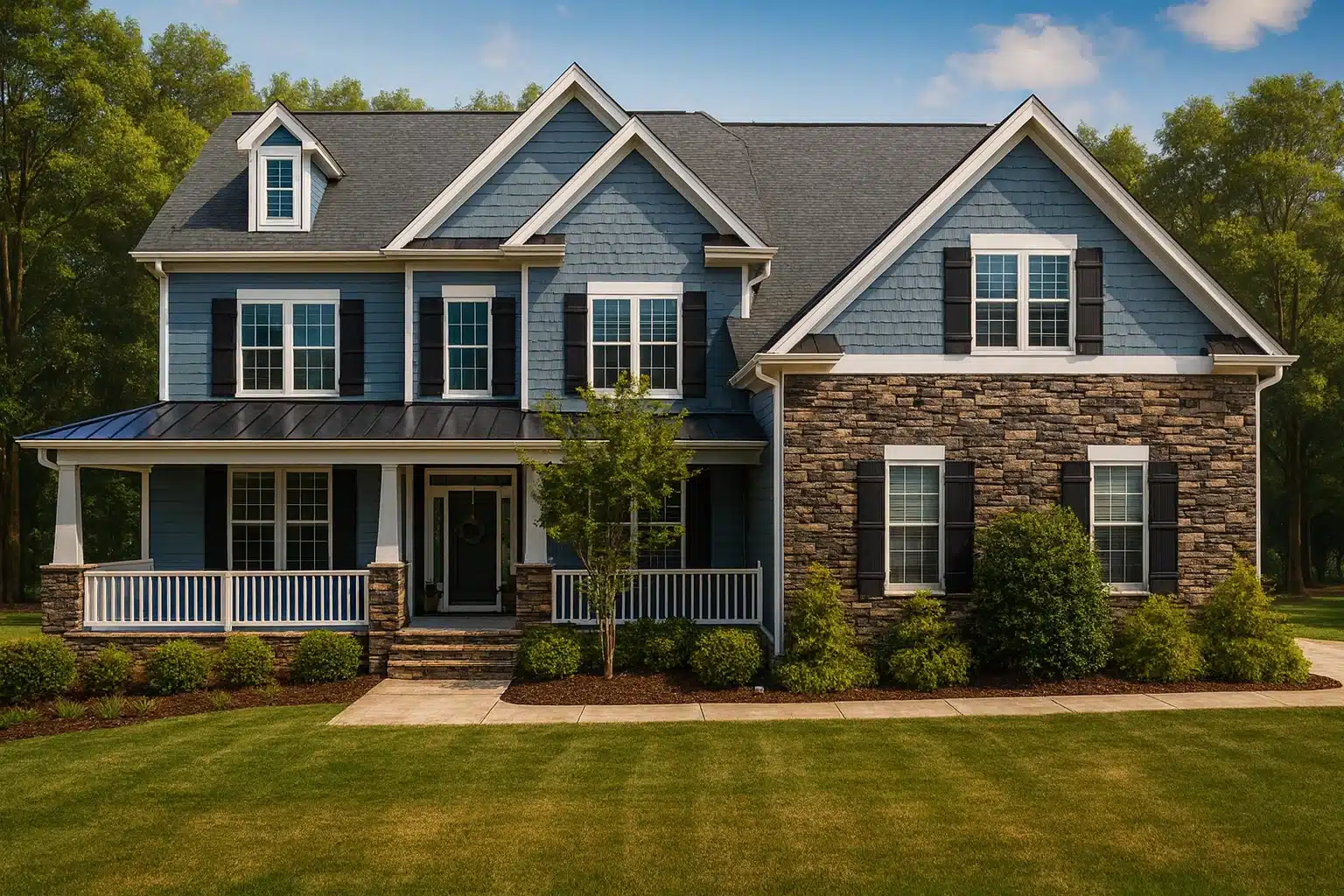 Front elevation of a New American Neo-Colonial style home with horizontal siding, stone veneer accents, covered porch, and balanced window symmetry