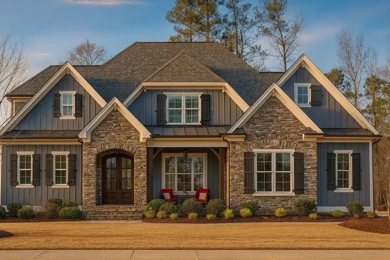 Front elevation of a New American Traditional style house featuring stone veneer, board-and-batten siding, gabled rooflines, and symmetrical windows