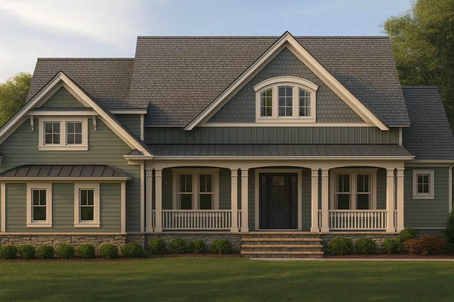 Front elevation of a Coastal Farmhouse style home featuring horizontal siding, gabled rooflines, metal porch roof, and a welcoming covered front porch