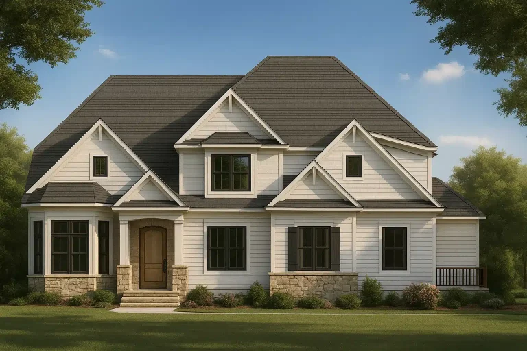 Front exterior of a New American traditional house with horizontal siding, stone base, symmetrical gables, and covered entry porch