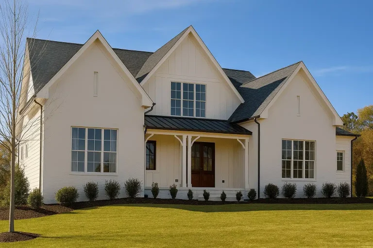 Front elevation of a New American Modern Traditional house with painted brick exterior, symmetrical gables, and classic Southern proportions