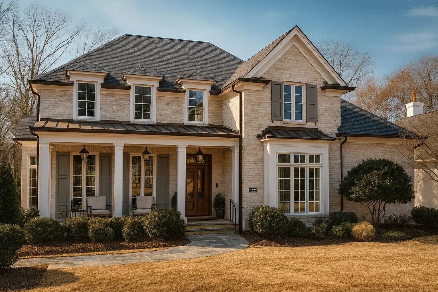Front exterior of a Colonial Revival style brick home featuring symmetrical Georgian proportions, multi-pane windows, and a covered front porch