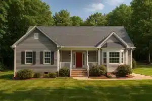 Front view of a Traditional Ranch style home featuring gray vinyl siding, black shutters, brick foundation, and a welcoming red front door