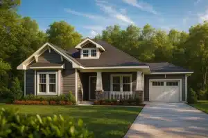 House Plans with Screened-In Porch 13 Front view of a Craftsman Bungalow style home featuring lap siding, stone column bases, covered porch, and gable detailing