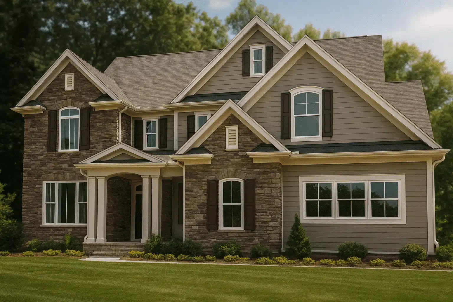 Front view of a Traditional Craftsman Colonial Revival style house featuring stone veneer and horizontal siding with gable detailing and inviting covered entry.