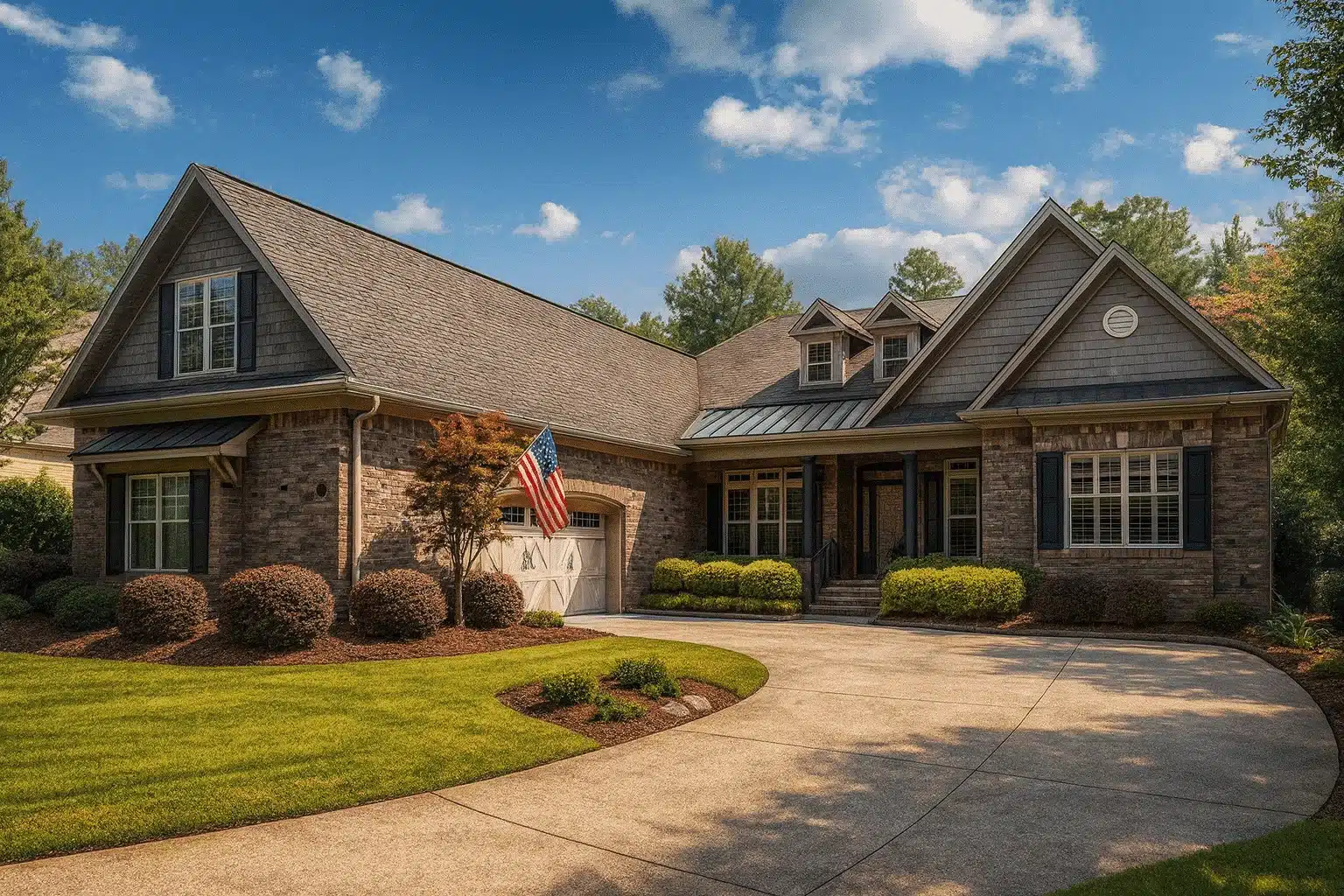 Craftsman Traditional home with gabled roof, brick and shingle exterior, and front porch entryway.