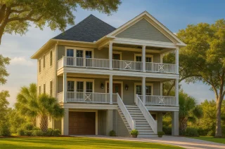 Three-story coastal beach house plan with Southern traditional charm, elevated foundation, double porches, and gray shingle siding.