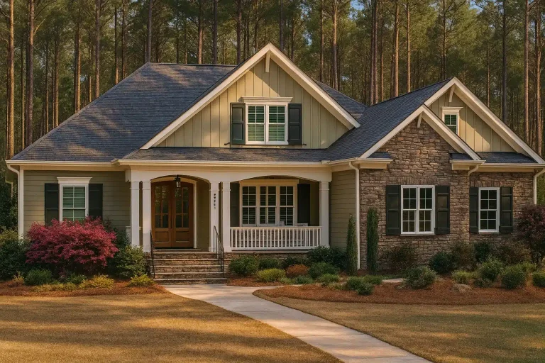 Craftsman house plan with front porch, gable roof, and stone accents surrounded by pine trees