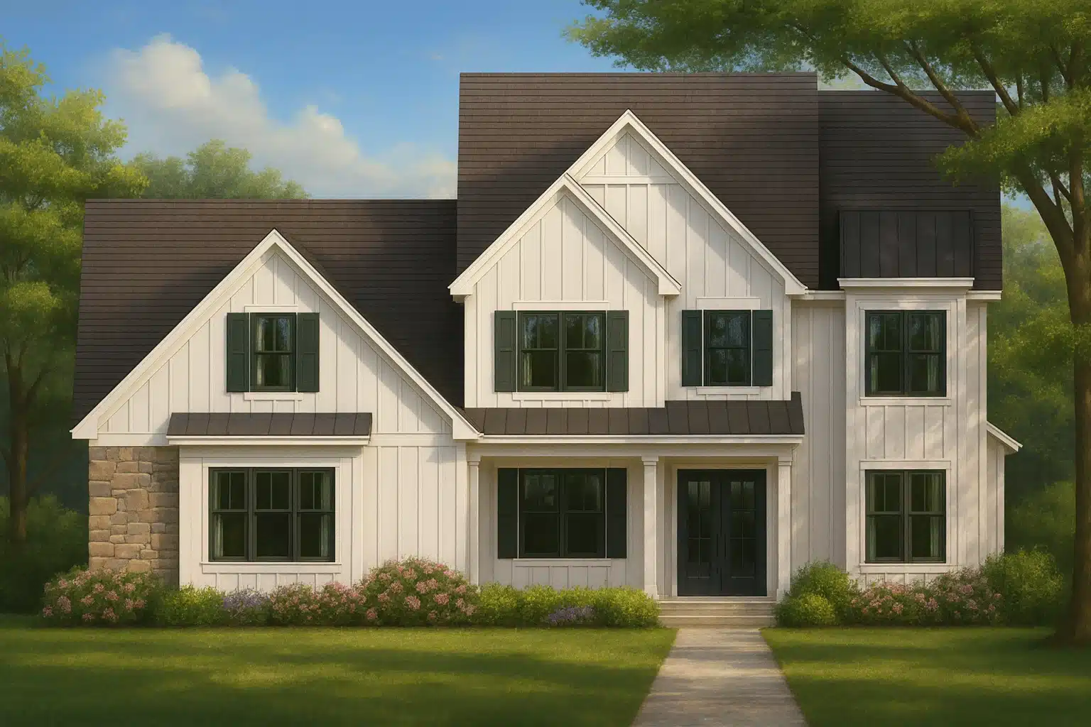 Front elevation of Modern Farmhouse home with white board and batten siding, stone accent wall, black windows, and gabled rooflines