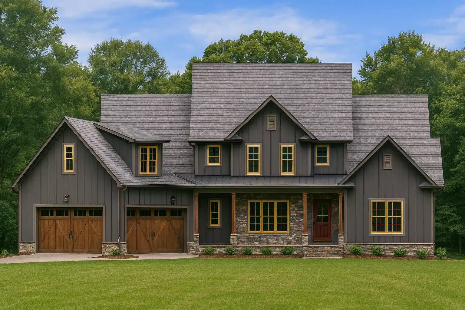 Front elevation of a modern farmhouse style home featuring board and batten siding, stone accents, wood garage doors, and a covered porch