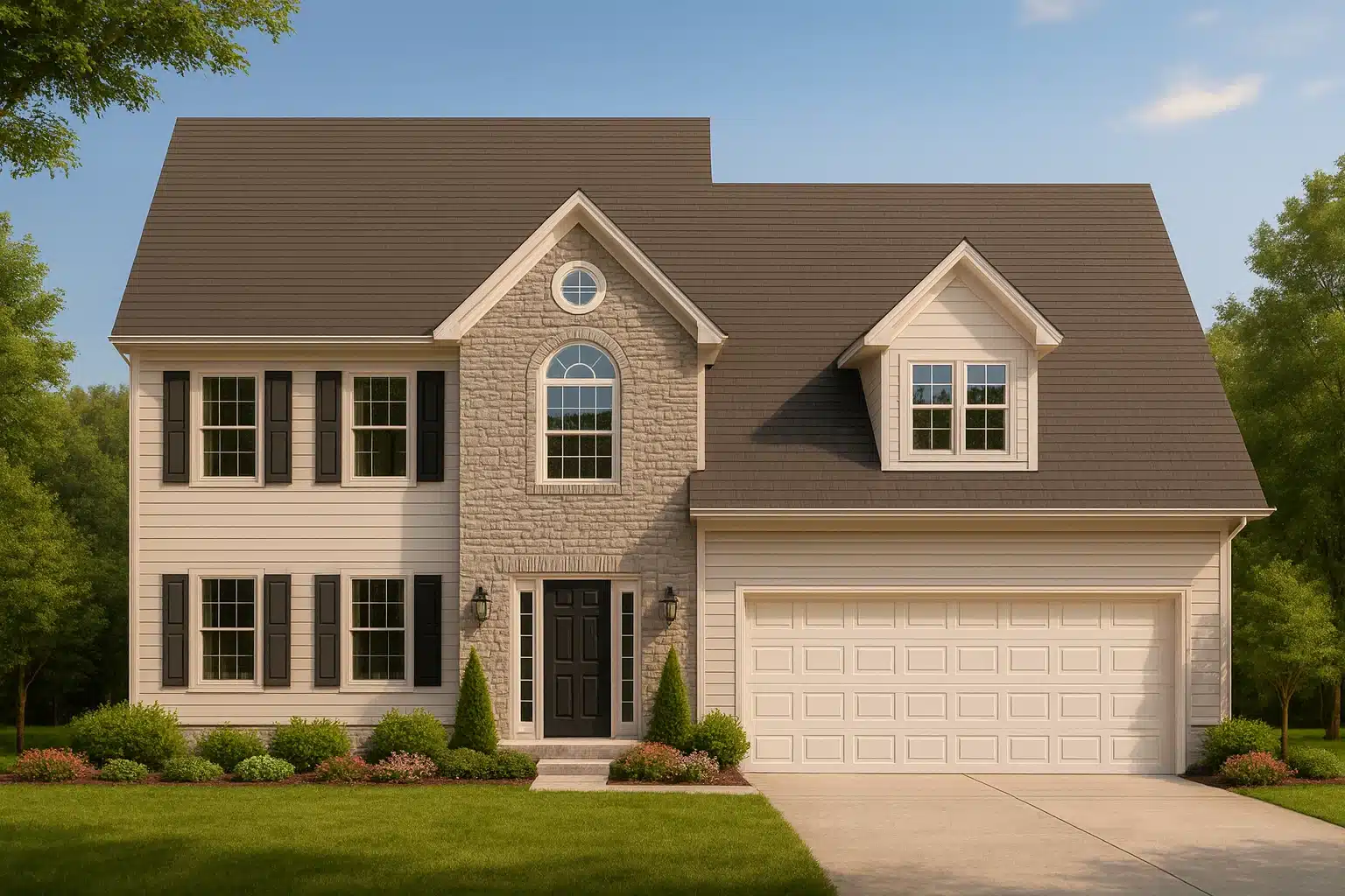 Front exterior view of a New American Traditional style house featuring stone veneer, horizontal siding, symmetrical windows, and a two-car garage