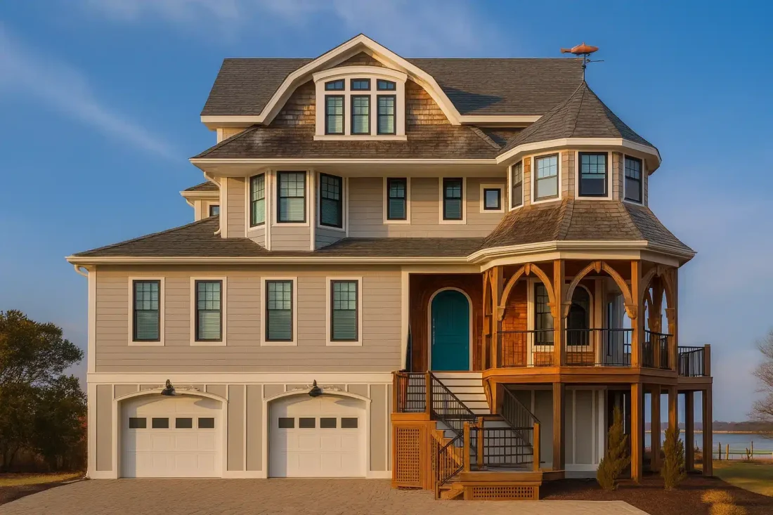 coastal house plan with 4,478 heated sq. ft., elevator access