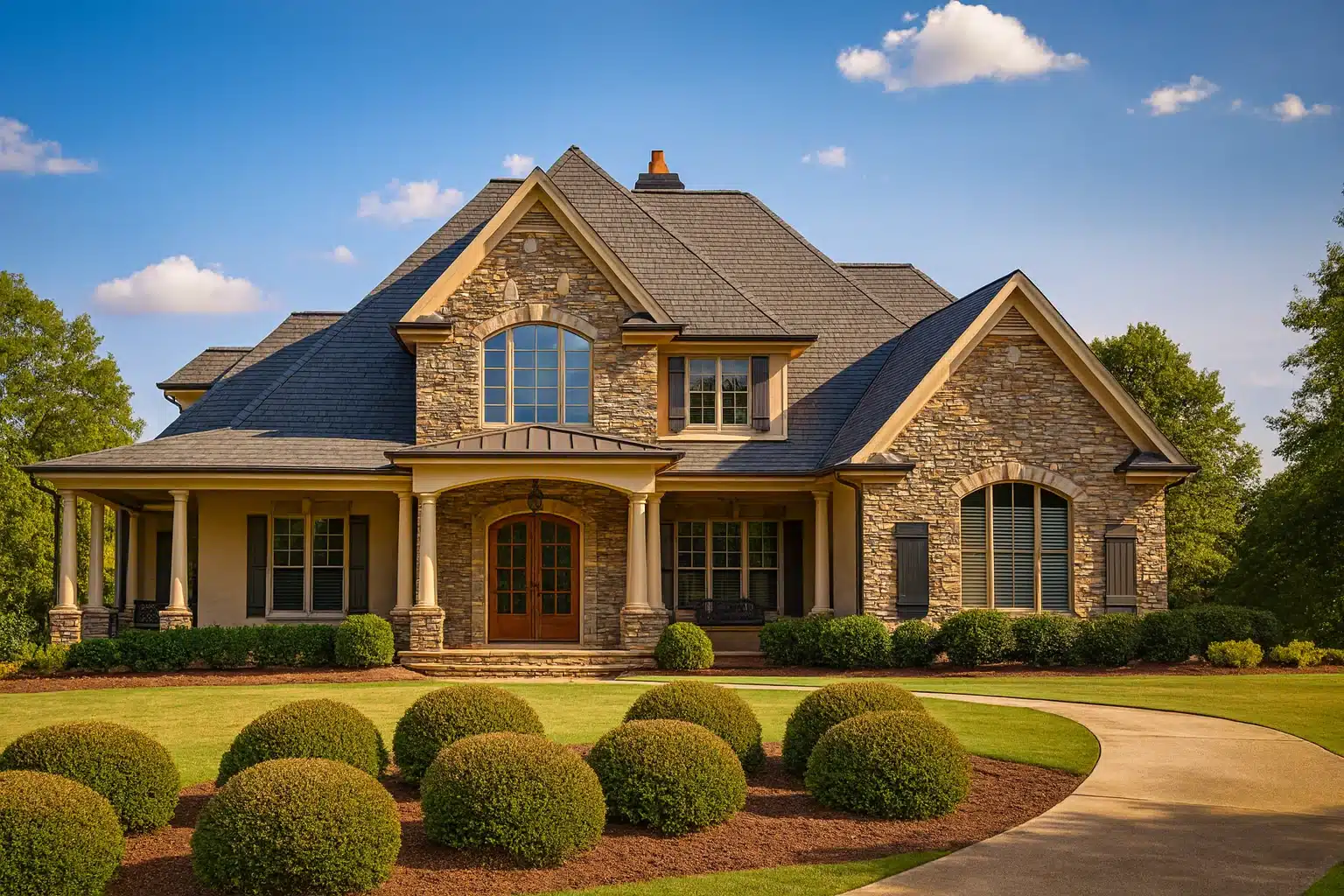 Front elevation of a French Country style house featuring natural stone exterior, steep gabled roof, arched windows, and covered porch entry