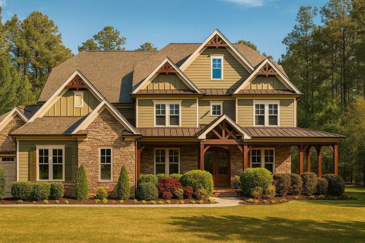 Sloping Lot House Plans 23 Front exterior of a Traditional Colonial style home with brick facade, board and batten siding, gabled rooflines, and a covered Craftsman-style porch