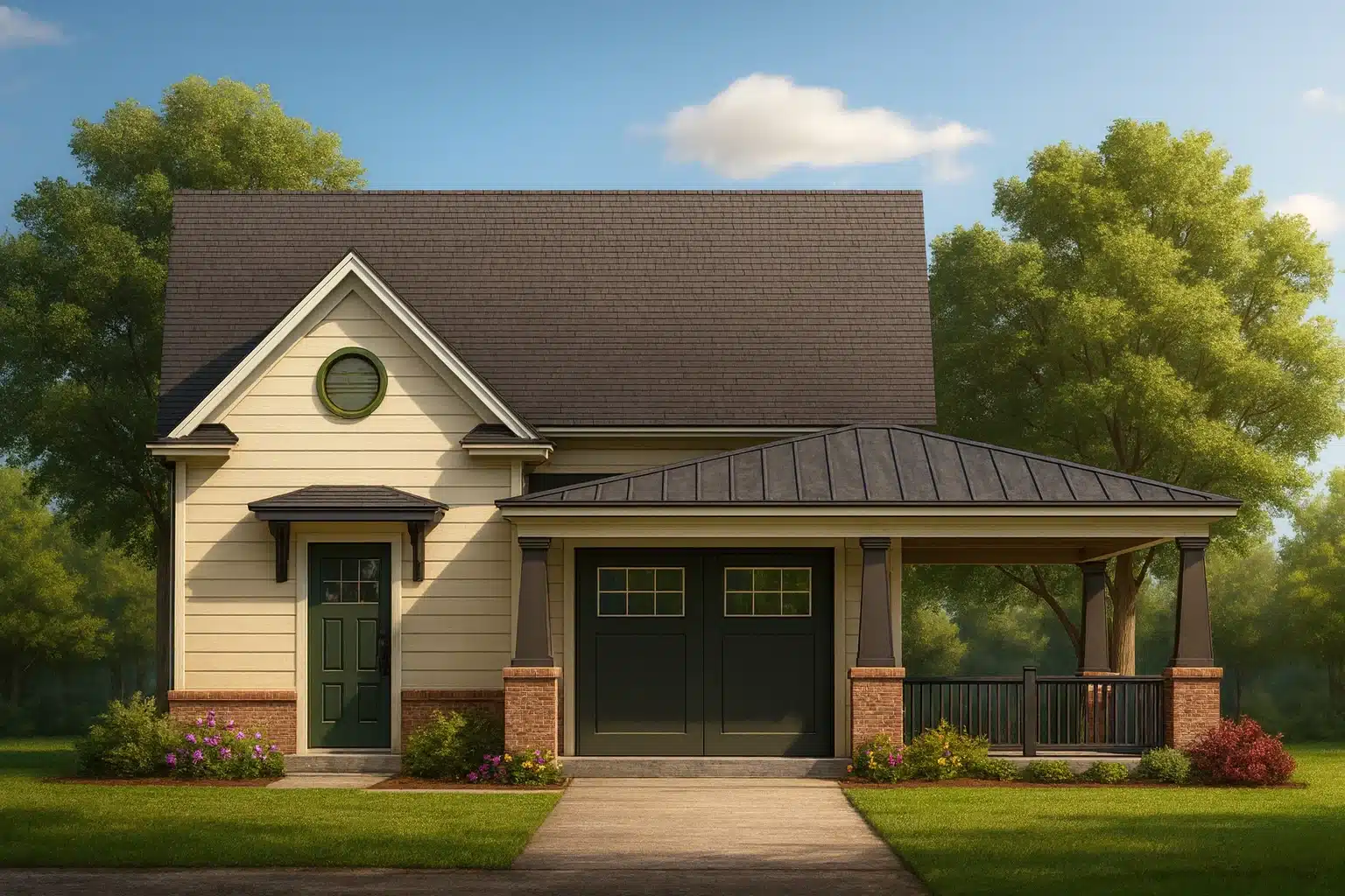 Front elevation of a Cottage and Traditional Craftsman style home featuring horizontal siding, brick accents, gabled roofline, and a welcoming covered porch