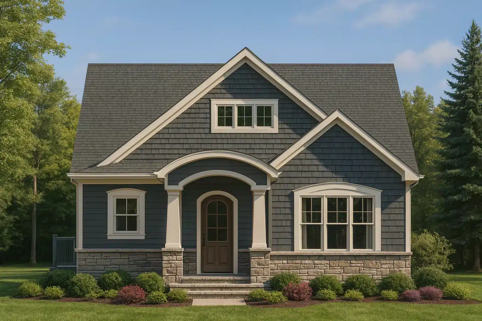 Front view of a Cottage Craftsman style home featuring horizontal siding, stone wainscoting, and arched entryway