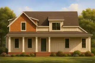 Front view of a Modern Farmhouse Cottage style home with board and batten siding, shingle gable accent, and inviting front porch entry