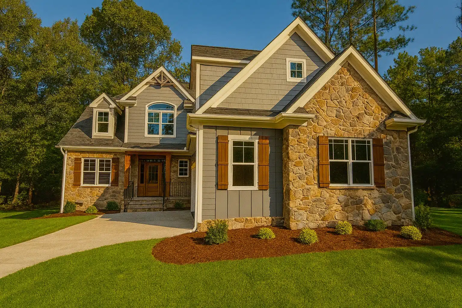 Front elevation of a New American Craftsman style home featuring stone exterior, horizontal siding, board and batten accents, and decorative wood shutters